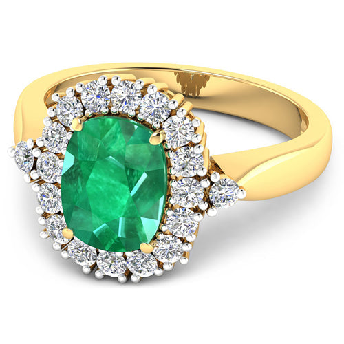 Bague en or jaune 14 carats avec émeraude véritable de Zambie de 2,39 carats et diamants blancs