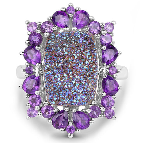 5.97 Carat Genuine Drusy Quartz and Amethyst .925 Sterling Silver Ring