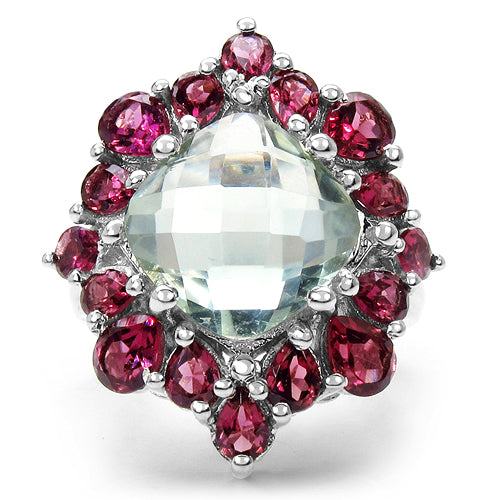 Bague en argent sterling 925 avec améthyste verte et rhodolite véritables de 8,61 carats
