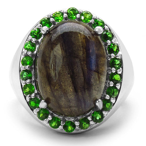 Bague en argent sterling 925 avec labradorite véritable et diopside chromé de 11,90 carats