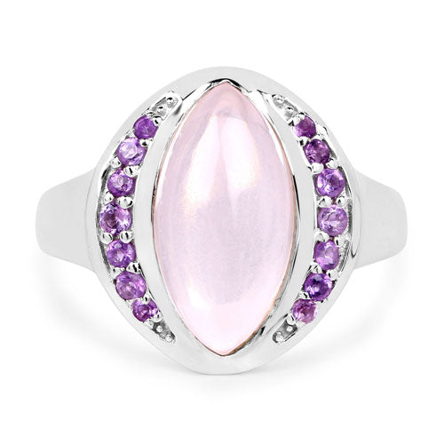 Bague en argent sterling .925 avec quartz rose véritable et améthyste de 3,57 carats