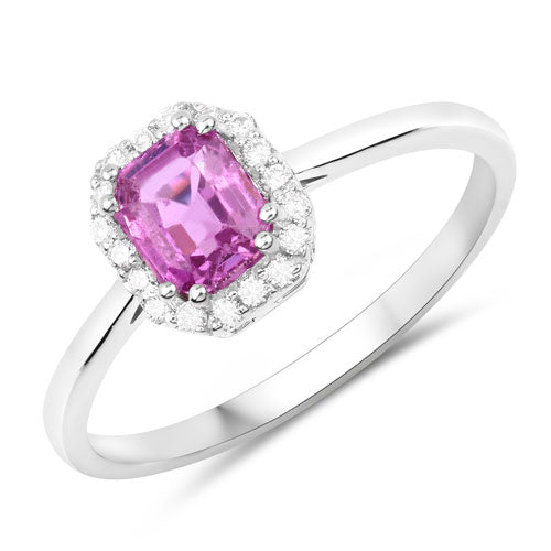 Bague en or blanc 14 carats avec saphir rose véritable de 1,09 carat et diamants blancs