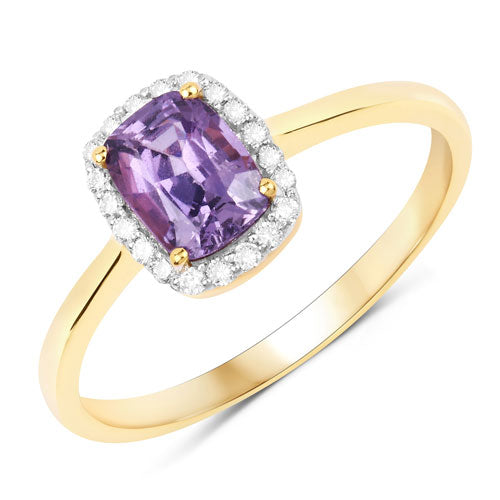 Bague en or jaune 14 carats avec saphir rose-violet naturel de 1,16 carat et diamants blancs