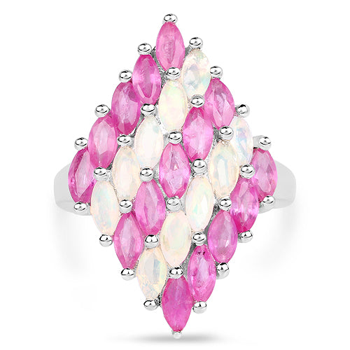 Bague en argent sterling .925 avec opale éthiopienne véritable et rubis de 2,95 carats