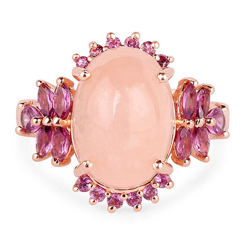Bague en Argent Sterling .925 Plaqué Or Rose 14K, Véritable Morganite et Rhodolite 9.13 Carats