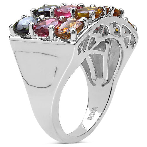 Bague en Argent Sterling 925 avec Tourmaline Multicolore Véritable de 3,72 Carats