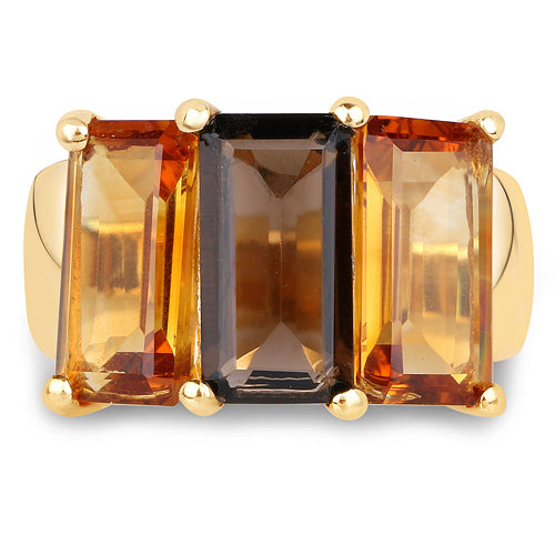Bague en argent sterling 925 plaqué or jaune 14 carats avec quartz fumé, citrine et quartz champagne véritables de 8,14 carats