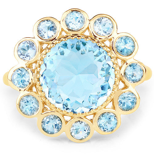 Bague en argent sterling 925 plaqué or jaune 14 carats avec topaze bleue véritable de 6,59 carats