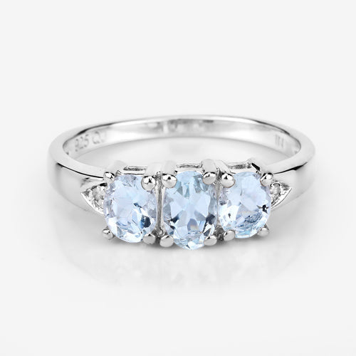 Bague en argent sterling 925 avec aigue-marine véritable de 0,95 carat et diamants blancs