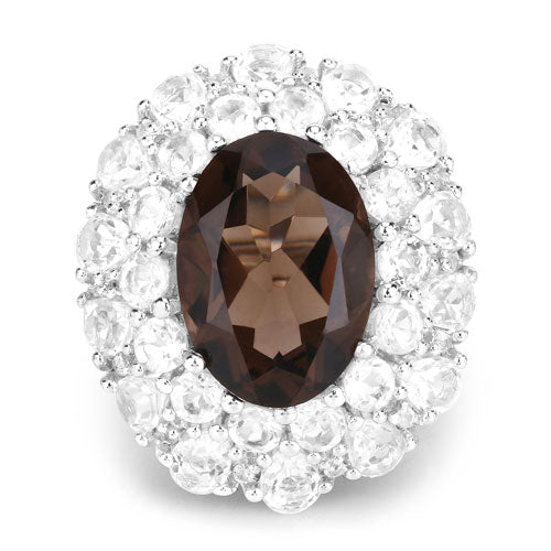 Bague en argent sterling 925 avec quartz fumé véritable de 9,29 carats et topaze blanche