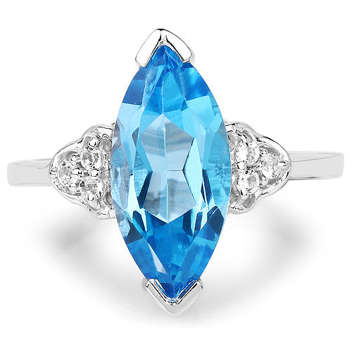 Bague en argent sterling .925 avec topaze bleue suisse véritable de 3,78 carats et topaze blanche