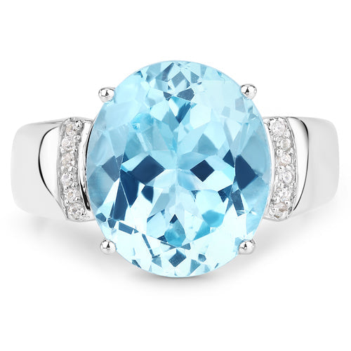 Bague en argent sterling .925 avec topaze bleue véritable de 8,36 carats et zircon blanc
