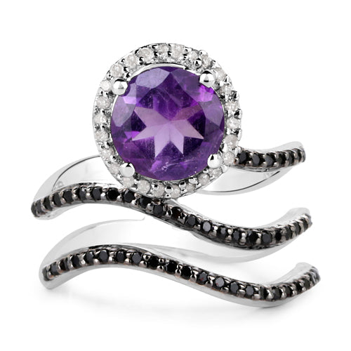 Bague en Argent Sterling 925 avec Améthyste Authentique de 2,31 Carats, Spinelle Noire et Diamant Blanc