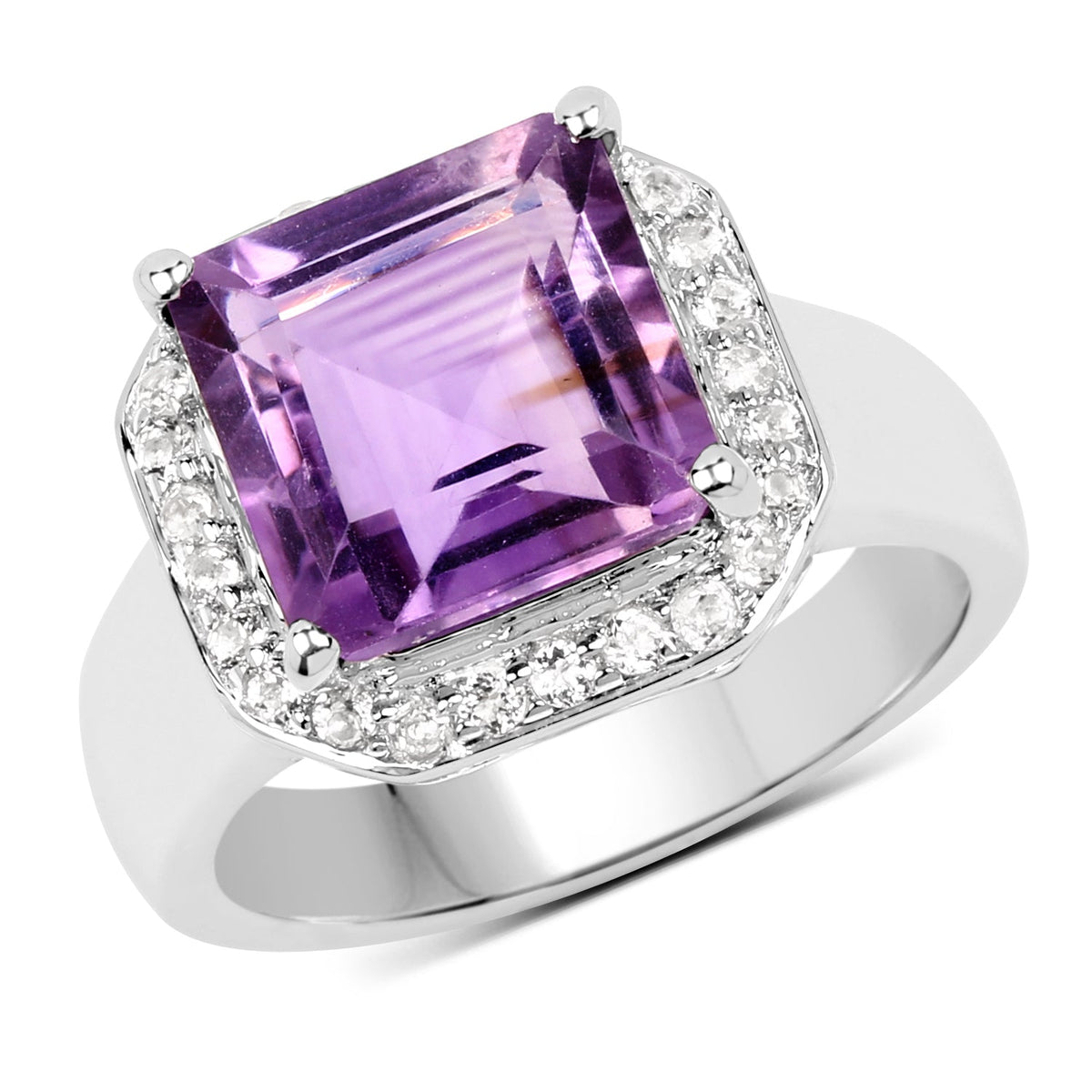 Bague en argent sterling .925 avec améthyste véritable de 4,42 carats et topaze blanche