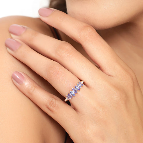 Bague en or jaune 14 carats avec tanzanite véritable de 0,76 carat et diamants blancs