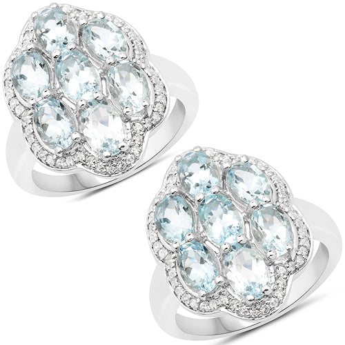 3.09 Carat Genuine Aquamarine and White Zircon .925 Sterling Silver Ring