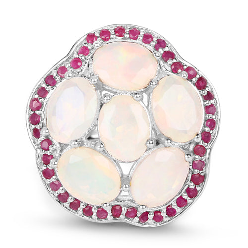 Bague en argent sterling .925 avec opale éthiopienne véritable et rubis de 4,66 carats