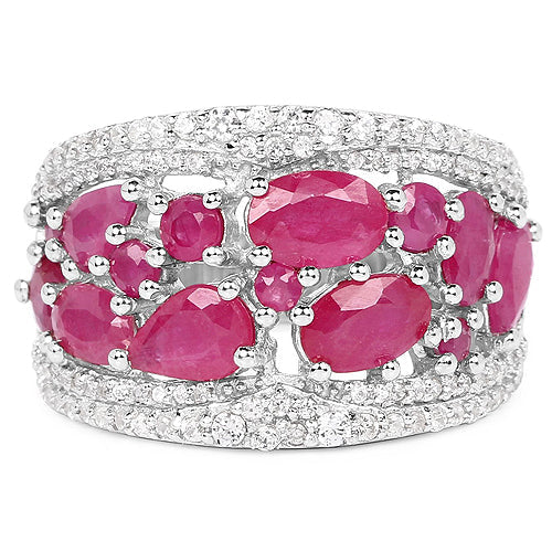 Bague en argent sterling .925 avec rubis véritable de 3,89 carats et zircon blanc