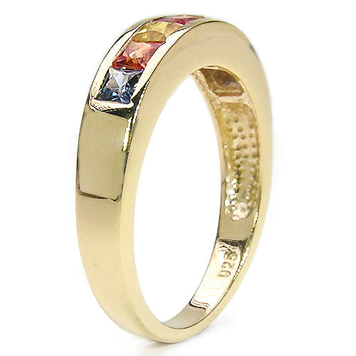 Bague en argent sterling 925 plaqué or jaune 14 carats avec saphirs véritables multicolores de 1,26 carat