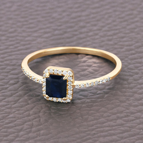 Bague en or jaune 14 carats avec saphir bleu véritable de 0,60 carat et diamants blancs