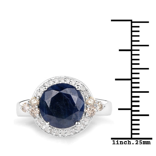 4.10 Carat Genuine Blue Sapphire, Champagne Diamond and White Diamond .925 Sterling Silver Ring