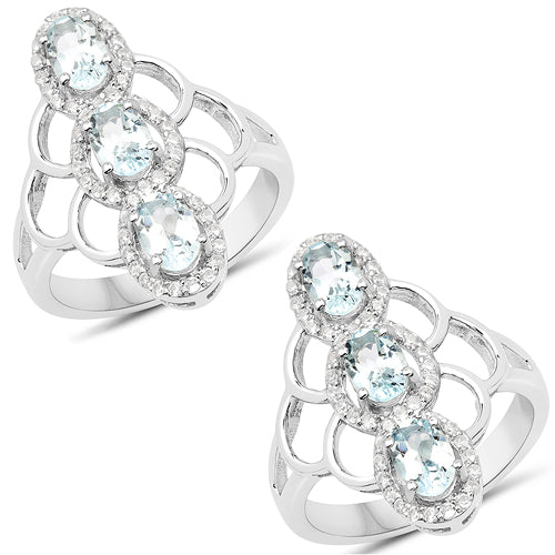 Bague en argent sterling 925 avec aigue-marine véritable de 1,54 carat et zircon blanc