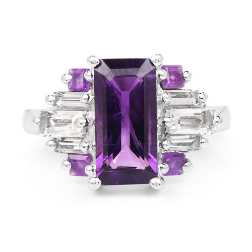 Bague en argent sterling 925 avec améthyste véritable de 4,20 carats et topaze blanche