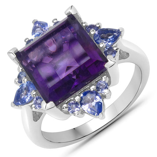 5.15 Carat Genuine Amethyst and Tanzanite .925 Sterling Silver Ring
