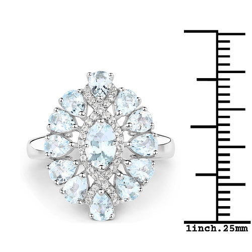 Bague en argent sterling 925 avec aigue-marine véritable de 1,89 carat et topaze blanche