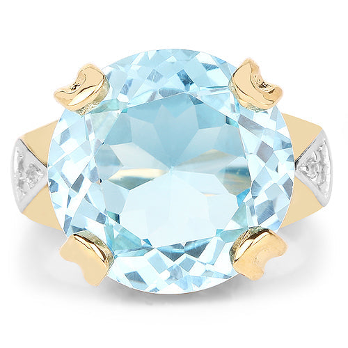 Bague en argent sterling 925 plaqué or jaune 14K avec topaze bleue véritable et topaze blanche de 12,98 carats