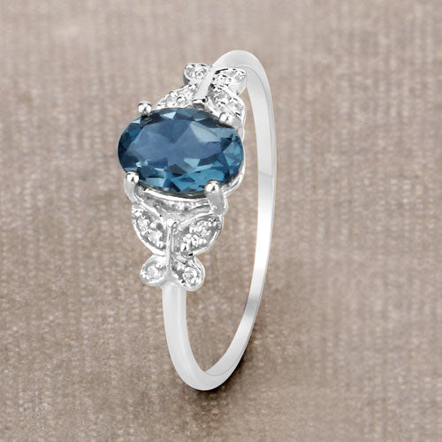 Bague en or blanc 14 carats avec topaze bleue de Londres véritable de 0,93 carat et diamants blancs