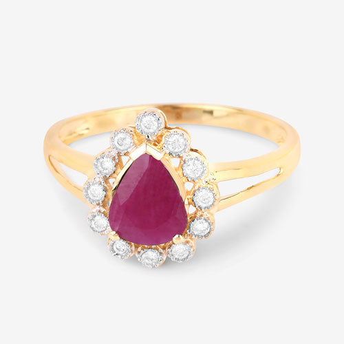 Bague en or jaune 10K, rubis véritable 1,31 carat et diamants blancs