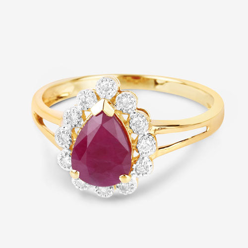 Bague en or jaune 14 carats, rubis véritable de 1,31 carat et diamants blancs