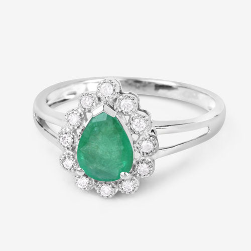 Bague en or blanc 10 carats avec émeraude de Zambie véritable de 1,22 carat et diamants blancs