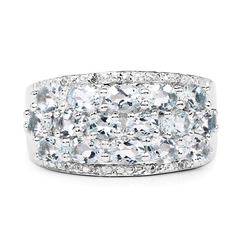 Bague en argent massif 925 avec aigue-marine véritable et topaze blanche, 2,44 carats