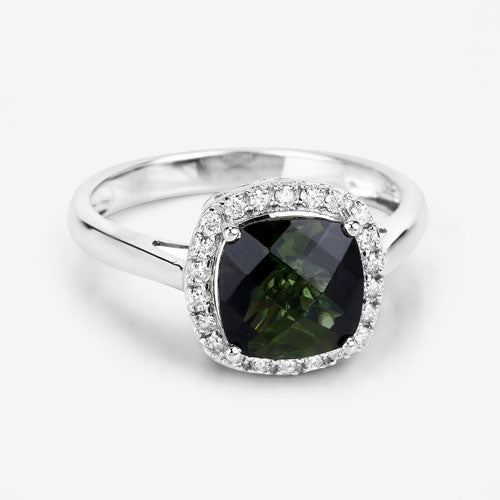 Bague en or blanc 14 carats avec tourmaline verte véritable de 2,64 carats et diamants blancs