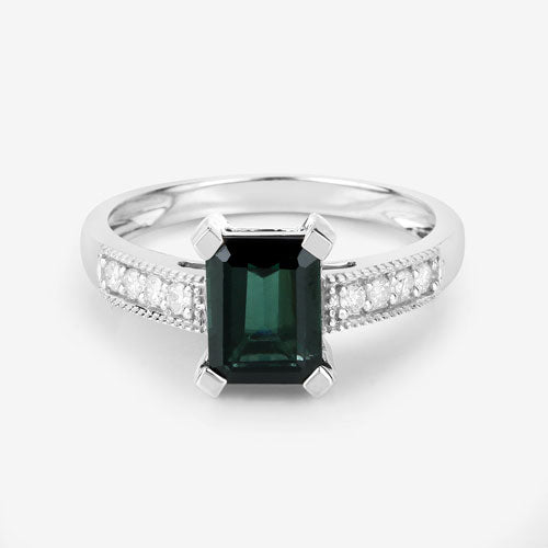 Bague en or blanc 14 carats, tourmaline verte naturelle de 1,91 carat et diamants blancs