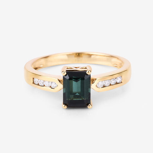 Bague en or jaune 14 carats, tourmaline verte véritable de 1,19 carat et diamants blancs