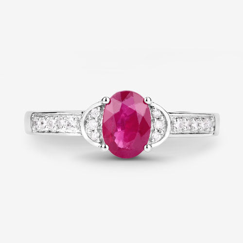 Bague en Or Blanc 10K avec Rubis Véritable de 0,95 Carat et Diamants Blancs