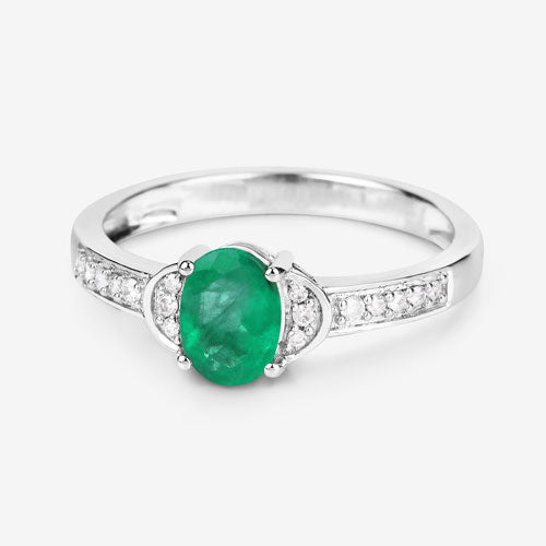 Bague en Or Blanc 10 carats, Émeraude de Zambie authentique de 0,82 carat et Diamants Blancs