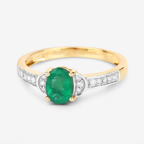 Bague en or jaune 10K, émeraude de Zambie véritable de 0,82 carat et diamants blancs