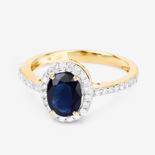 Bague en or jaune 14 carats avec saphir bleu véritable de 1,82 carat et diamants blancs