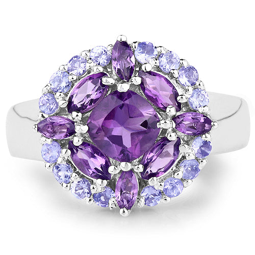 Bague en argent sterling 925 avec améthyste véritable et tanzanite de 2,19 carats