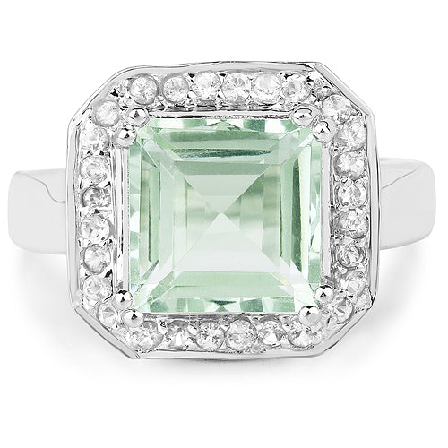 Bague en argent sterling 925 avec améthyste verte véritable de 5,21 carats et topaze blanche