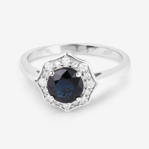 Bague en or blanc 10K, saphir bleu véritable de 1,34 carat et diamants blancs