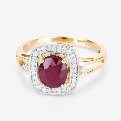 Bague en or jaune 14K, rubis véritable de 1,67 carat et diamants blancs