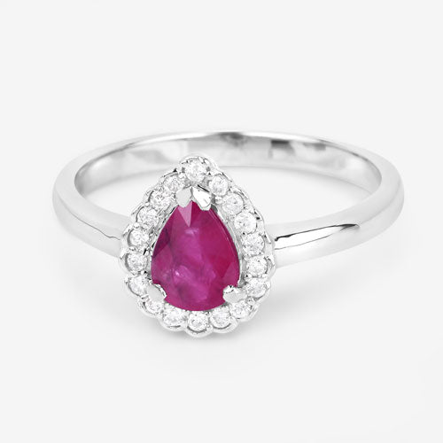 Bague en or blanc 14 carats avec rubis véritable de 0,94 carat et diamants blancs