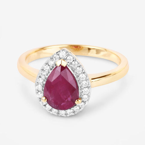 Bague en Or Jaune 14 carats avec Rubis Naturel de 1,38 carat et Diamants Blancs