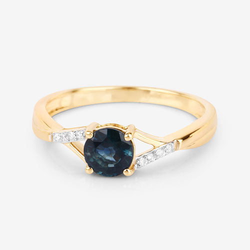 Bague en or jaune 14 carats avec saphir bleu véritable de 0,88 carat et diamants blancs
