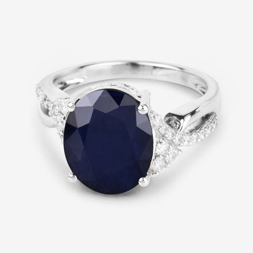6.54 Carat Genuine Blue Sapphire and White Diamond 14K White Gold Ring